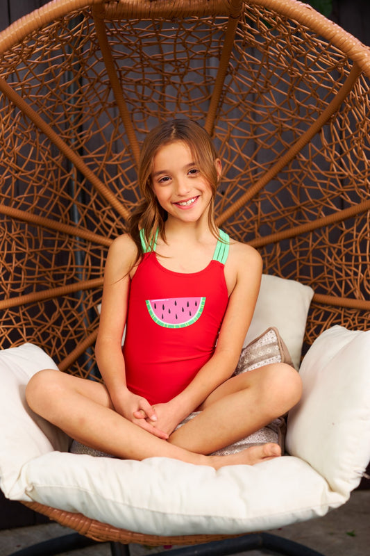 H2886 Kids Red Watermelon Print Swimsuit