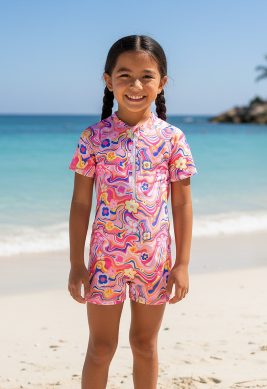 H3122 Kids Colorful Boho Pink Swimsuit